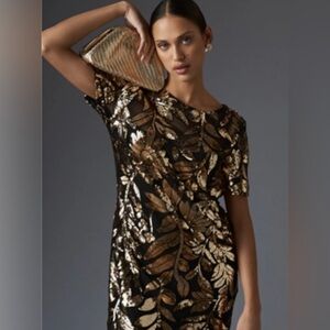 NWT Maeve Black and Gold Leaf Sequin Mini Dress
